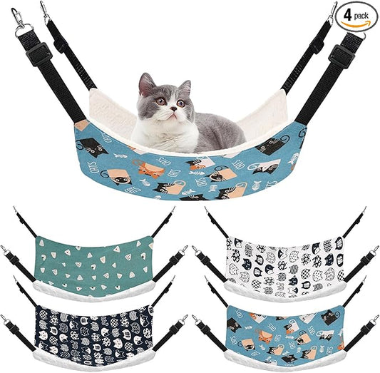 4 Pack Cat Hammock for Cage, Reversible Cat Hanging Hammock Soft Large Double Sided Pet Bed with Adjustable Straps & Metal Hooks for Cats Ferret Kitten Puppy Rabbits Small Animals