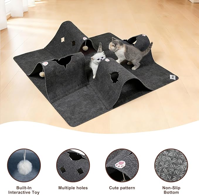 Cat Tunnel Play Mat for Indoor Cats, Felt Interactive Pet Toy with Hidden Ball, Enrichment Activity Rug, Collapsible Cave for Kittens & Small Pets (Dark Gray)