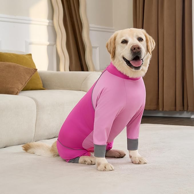 Dog Onesie Coat - Water-Repellent & Stretchable, Dirt-Resistant Outdoor Puppy Suit with Reflective Strips | Controls Shedding | for Small, Medium, Large Dogs (Fuchsia Pink, 4XL(Weight 50-70 lbs))