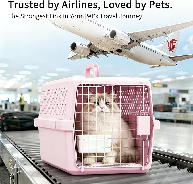 RIZZARI Medium Cat Carrier for Cats & Small Dogs: Durable Hard-Sided Pet Carrier with Ventilated Design -Metal Door & Portable Handle for Safe Travel and Daily Transport (Pink, Medium)
