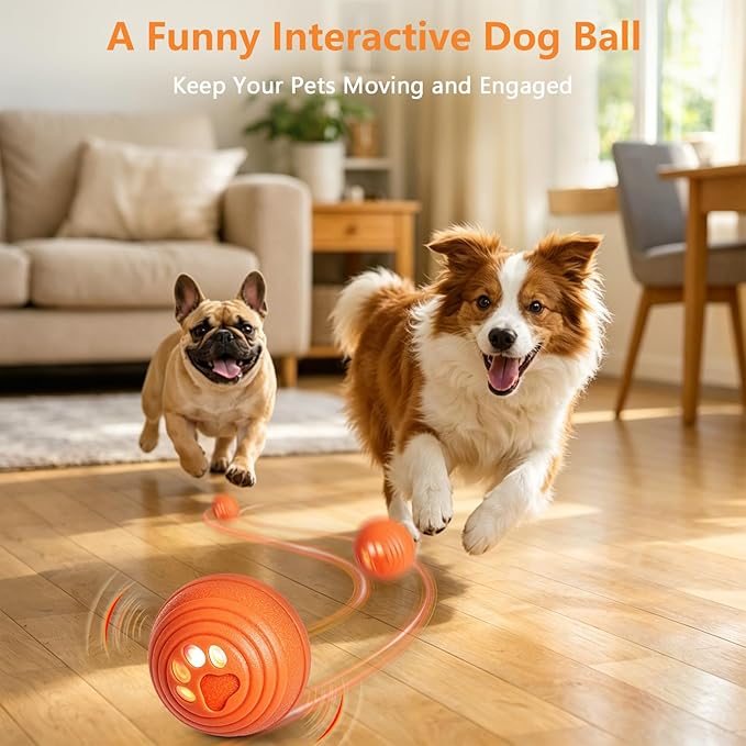 Interactive Dog Ball, Automatic Dog Toy, Vibrating Dog Ball with 4 Play Modes, Moving & Bouncing Ball for Dogs, Smart Self Rolling Dog Toy for Small Medium Dogs, USB-C Rechargeable, Orange