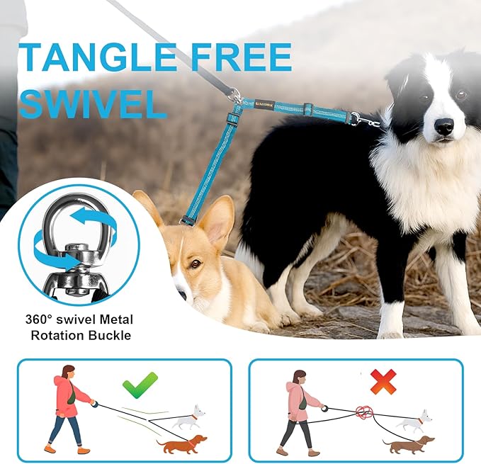 MingXpet Double Dog Leash for Two Dogs, No Pull Dog Leash, 360° Swivel No Tangle for Large Dogs Walking & Training, Shock Absorbing Reflective Bungee, Blue
