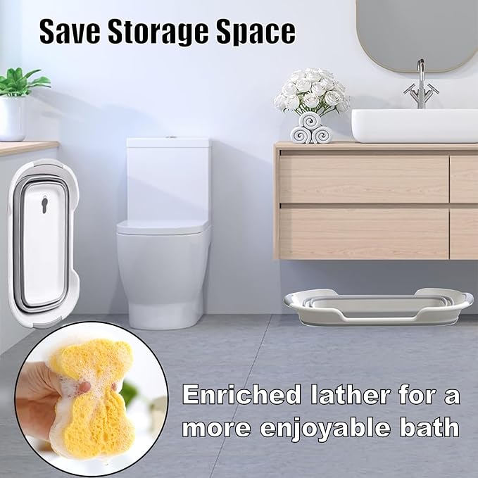 Multi-Functional Collapsible Dog Bathtub with Brush,Drainage Hole, 7.1 Gal/27L Portable Laundry Basket, Foldable Small Pets Bathtub, Bathing Tub for Puppy Small Dog Cat (Grey)
