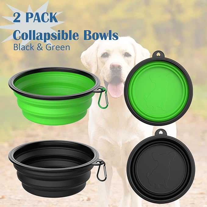 Collapsible Dog Bowls [2 Pack] 20 oz, Travel Dog Bowls, Pet Bowl Portable Foldable Water Food Feeding Dishes with Carabiner Clip for Traveling Hiking Walking-Black & Green
