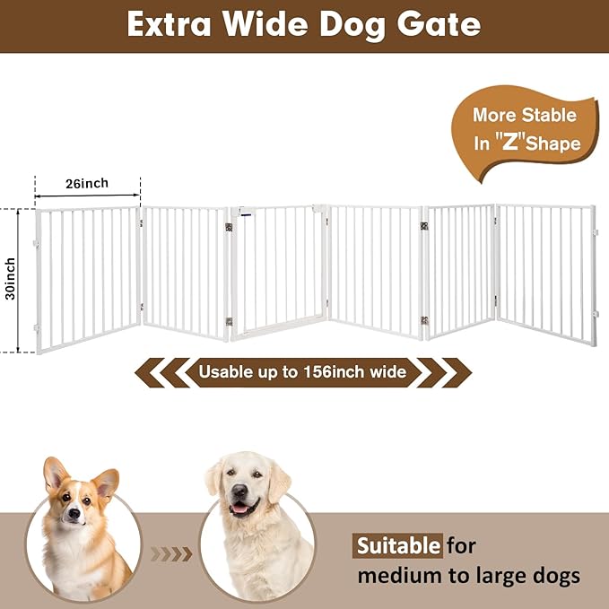156" Extra Wide Dog Gate, Heavy Duty Metal Freestanding Dog Gate with Door for Indoor & Outdoor, Foldable Pet Fence for Doorways,House,Porch,Deck,Yard,Stairs, Auto Close(6 Panels,White)