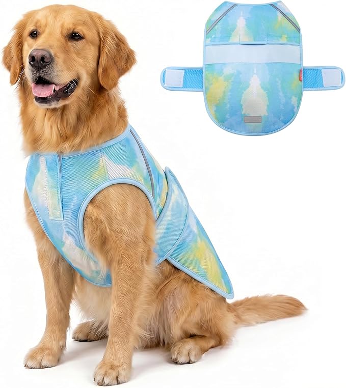 KYEESE Dog Cooling Vest, Lightweight Dog Cooler Jacket, 3D Breathable Mesh Pet Cooling Shirts for Summer with Reflective Stripe, Sun Protection Pet T Shirt for Beach, Hiking, Walking, Blue, 2XL