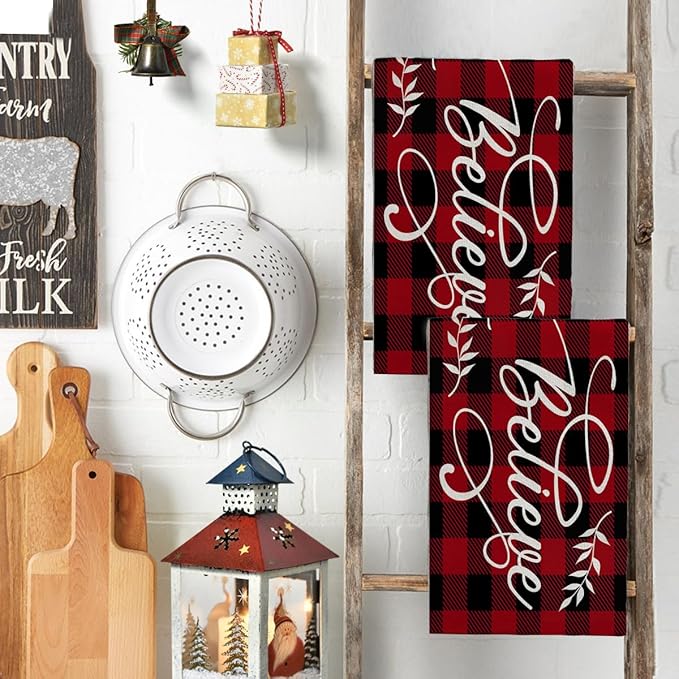 Christmas Believe Hand Towels Set of 2 Winter Christmas Red Black Buffalo Plaid Checkered Absorbent Bathroom Towel Soft Decorative Towels for Bathroom, Hotel 29.1 X 13.8 Inch