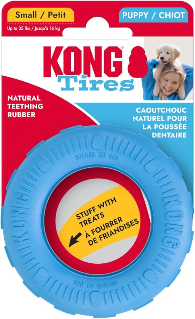 KONG Puppy Tires - Dog Chew Toy for Puppies - Stuffable Dog Toy for Treats & Snacks - Natural Rubber Chew Toy for Teething Puppy - for Small Puppies - Blue