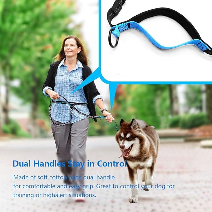 Uppetly Hands Free Dog Running Leash with Adjustable Waist Belt, Dual Handle Elastic Bungees Retractable Rope for Small and Medium Dogs, Reflective Stitches for Walking Hiking Biking (Medium, 8-25lb)