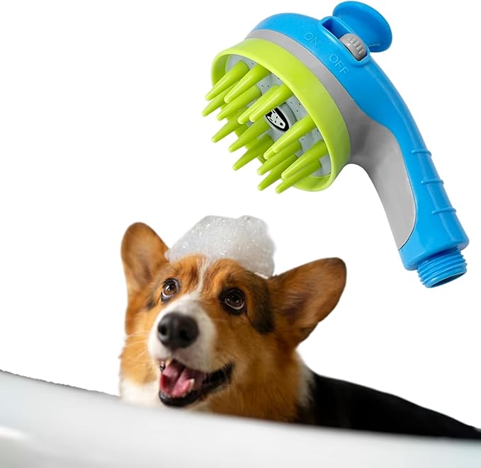 Dog Shower Head Brush Splash Shield Indoor Outdoor Pet Wash Bath Grooming Accessories Water Pressure Control Rubber Scrubbing (1, Blue)