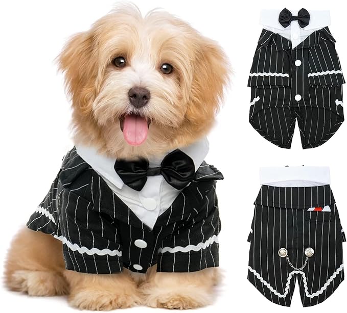 QBLEEV Dog Tuxedo Suit with Bow Tie, Formal Black & White Striped Dog Costume Outfit, Doggy Tux Prince Dress for Wedding Party Birthday Holiday, Elegant Dogs Attire for Chihuahua Yorkie Shih Tzu