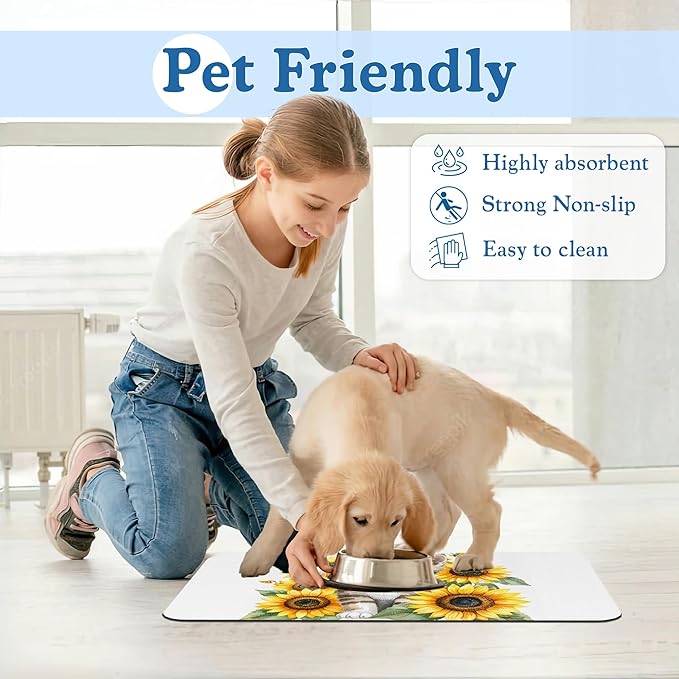 Cute Cat Sunflower Pet Feeding Mat for Floors–Absorbent Quick Dry Dog Cat Bowl Mat for Food and Water, Non Slip Waterproof Base, Mess-Free Feeding Accessories 16"x24"