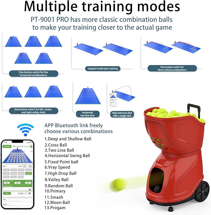 PT-9001 Programmable Variable-Speed Tennis Ball Machine | APP & for Apple Watch Control (12 Modes), MAX 140KM/H, 10Hr Battery, 6-Level Spin, 150-Ball Capacity — for Clubs & Advanced Players