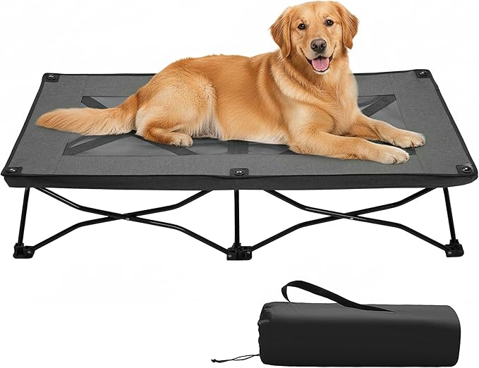 Elevated Dog Bed with Breathable Mesh, Portable Folding Dog Cot Bed Raised Cooling Pet Cot with No-Slip Feet & Carrying Bag Perfect for Travel, Camping, Backyard Outdoor Indoor Use