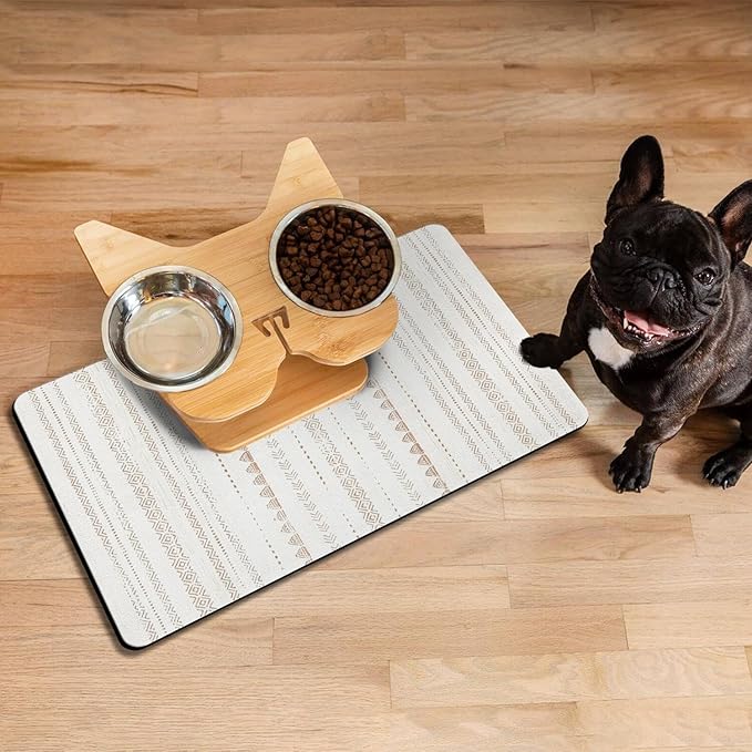 Moroccan Stain Dog Food & Water Mat, Boho Pet Feeding Mat for Floor Non-Slip Waterproof, Super Absorbent Cat Bowl Mat, Easy to Clean Durable Pet Placemat,12" × 20"