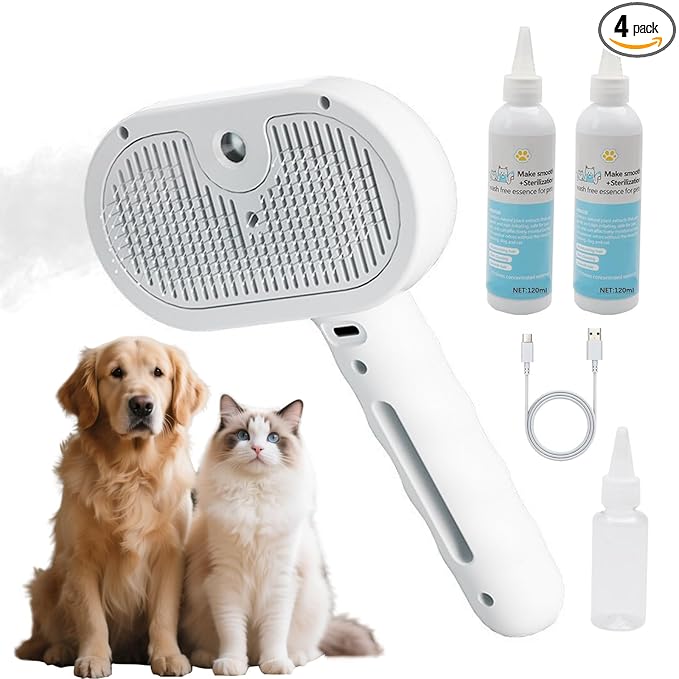 Pet Steam Brush for Dogs & Cats - 3-in-1 Deshedding & Detangling Tool with Steam Spray, Anti-Static Grooming Brush for Long/Short Haired Pets, Waterless Cleaning & Massage(White)