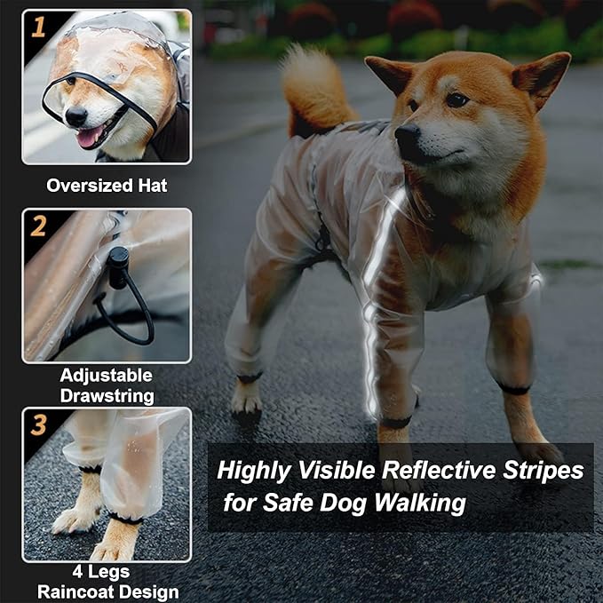 Olsa Dog Raincoat, Dog Hooded Slicker Poncho, 4 Legs Rain Jacket with Reflective Stripe, Water Proof Rain Snow Clothes with Hood for Small Medium Dogs