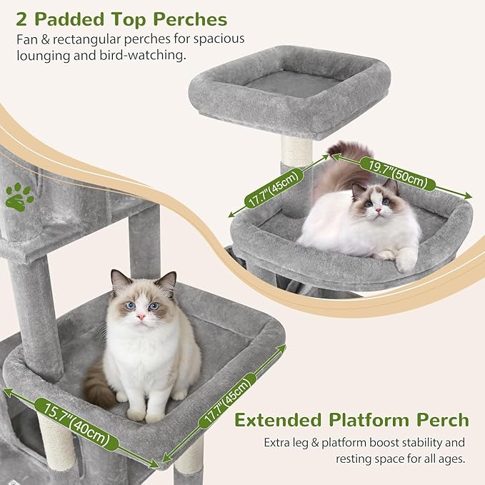 Globlazer 75in Sturdy Cat Tree for Large Cats, Heavy Duty Multi-Level Cat Tower for Indoor Cats with Extended Platform, 2 Spacious Condos, 2 Padded Perches, 6 Sisal Scratching Posts, S75, Light Grey