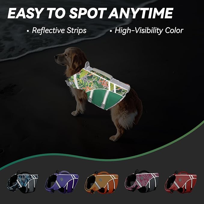 VIVAGLORY Sports Style Dog Life Vest, Dog Life Jacket for Swimming & Boating, Ripstop & Buoyancy for Puppy Doggy, Lifejacket with Handle, XL, Floral
