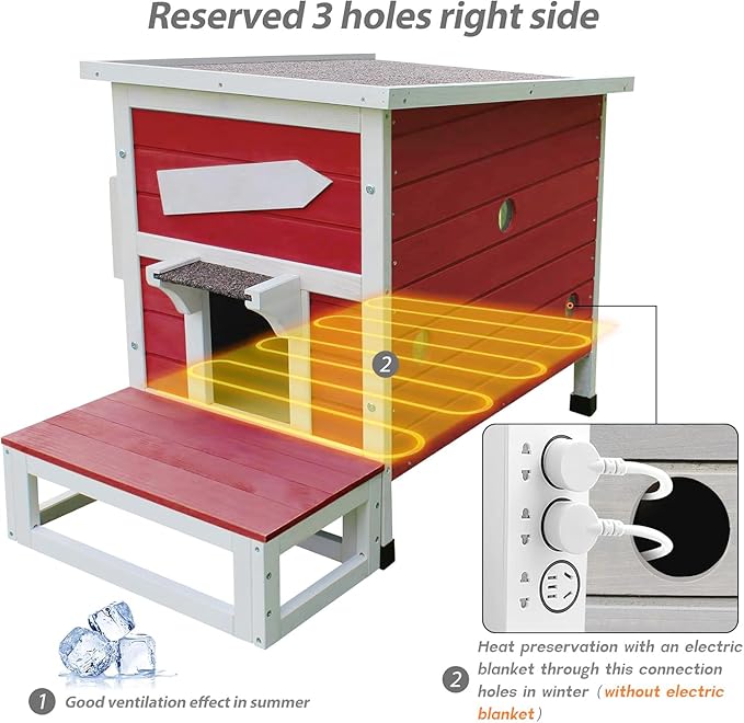 Rockever Outdoor Cat House, Large Outdoor Houses for Feral Cats Wooden Outside Cat Shelter Weatherproof with Escape Door-Red