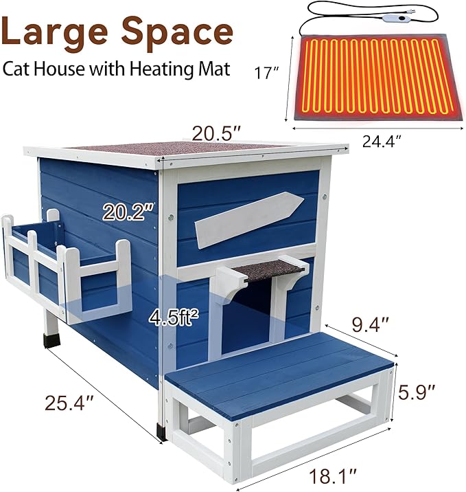 Rockever Heated Cat House for Outside Cats in Winter, Large Heated Cat Houses with Heating Pad, Wooden Outside Cat Shelter Weatherproof with Escape Door(Blue)