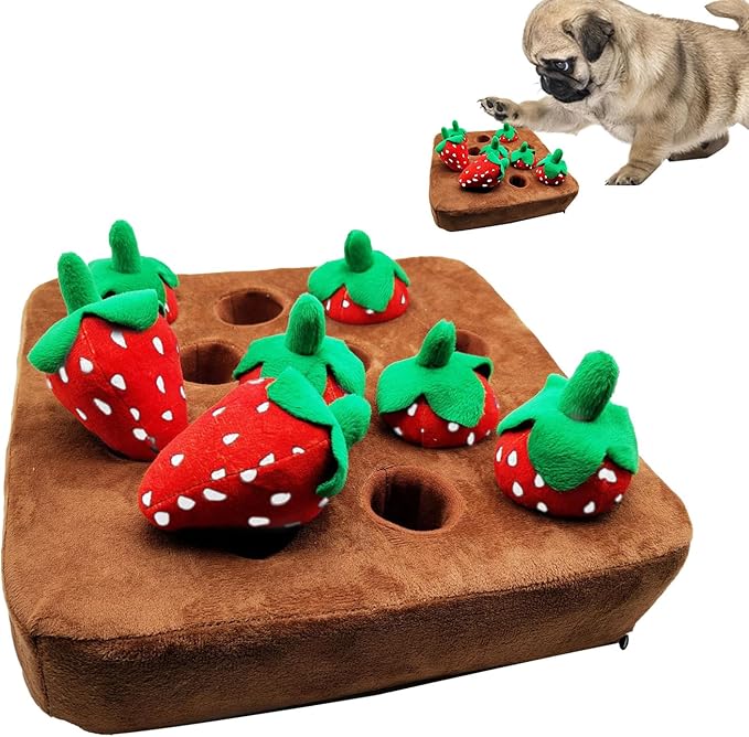 Snuffle Mat - Dog Strawberry Toy, Interactive Play Rug, Soft Plush Vegetable Field Design, Chew Resistant Training Mat | Fun Chewing Toy for Dogs, Pet Enrichment Game, Indoor Activity Pe