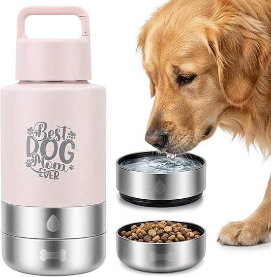 32oz Insulated Dog Water Bottle Dispenser, 3-in-1 Stainless Steel Travel Cup with 2 Detachable Food and Water Bowls, Leak Proof Large Pet Gear, Dog Mom Gift for Dog Lovers