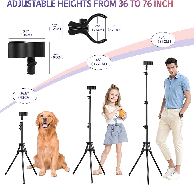 Hands-Free Hair Dryer Stand for Home Blow Drying, DIY Styling, Salon&Live Streaming Ideal for Long Hair Women Busy Moms People with Arm Shoulder Pain 36-76 Inch Adjustable Height Tripod, 360° Rotation