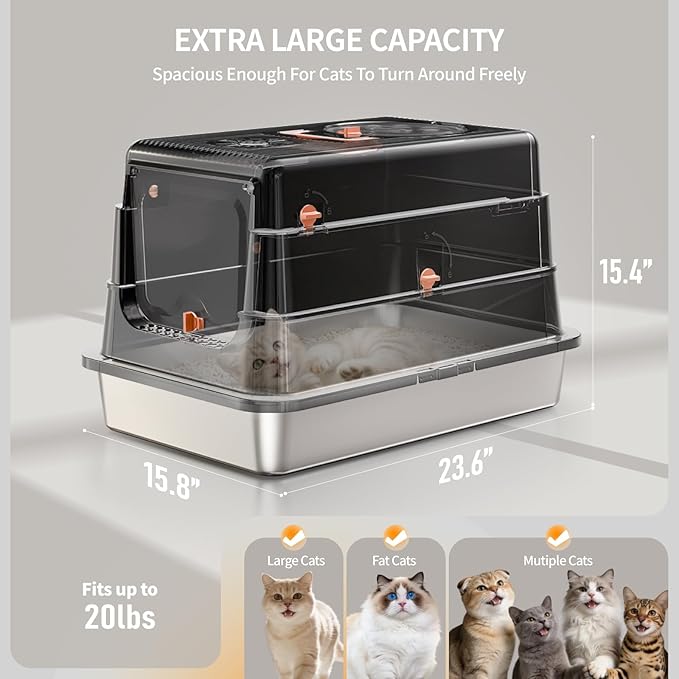 Stainless Steel Cat Litter Box with Lid, Extra Large Enclosed Metal Litter Pan with High Sides, Full Flip Cover Litter Box for Large Cat, Include Scoop & Step, Leak Proof Easy Clean Odor Control-Black