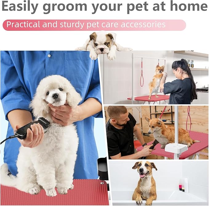 Professional Dog Pet Grooming Table Adjustable Heavy Duty Portable w/Arm & Noose & Mesh Tray (Pink, 46")