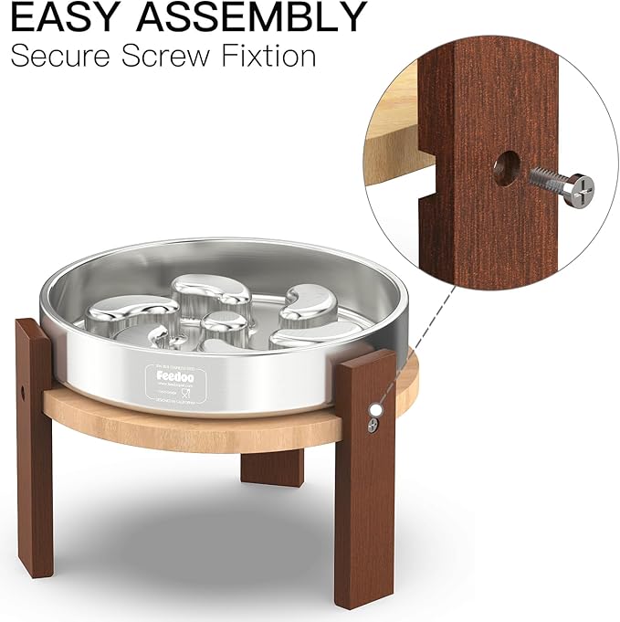 Elevated Dog Bowl Stand, 7'' Height Raised Stand for Large Dogs, Includes 3Cups Stainless Steel Slow Feeder Dog Bowl, Durable Solid Hardwood