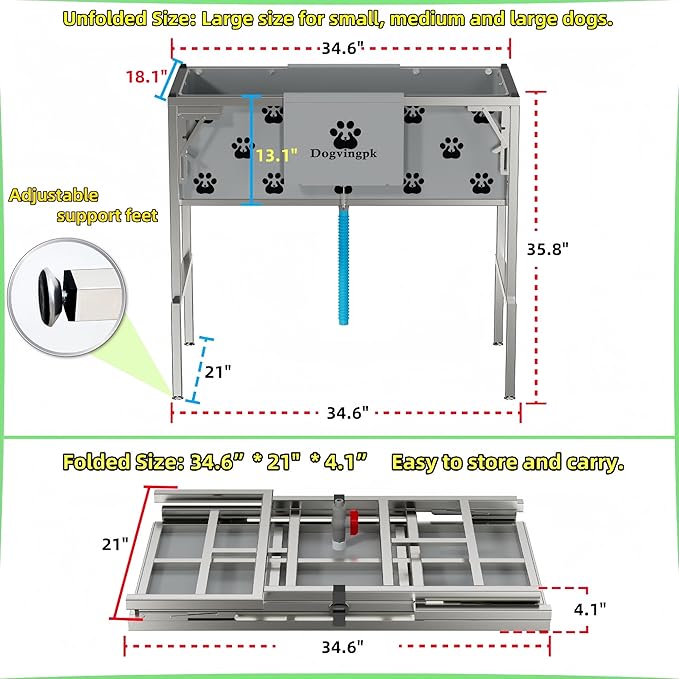 Dogvingpk Portable Foldable Elevated Dog Bathtub, 300 lb Capacity with Drain for Bathing Grooming Medium and Large Dogs, Indoor Outdoor Use
