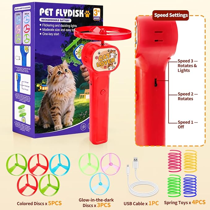 BABORUI Cat Toy Disc Launcher, Rechargeable Interactive Cat Fetch Toy Launcher with 8 Flying Discs, Flying Enrichment Toys for Indoor Bored Kittens & Adult Cats (Red-1)