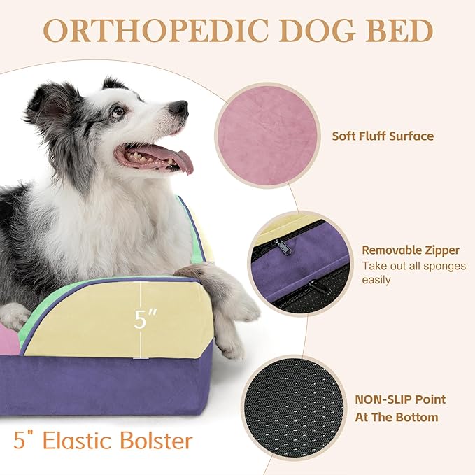 Comfort Expression Orthopedic Dog Bed for Large Dogs 36x27 Inch, Waterproof Egg Crate Foam Large Pet Bed with Bolsters, Dog Couch with Washable Cover & Non-Slip Bottom, Frosted Grape