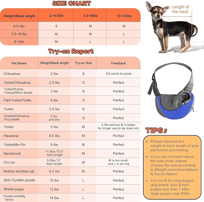 YUDODO Pet Sling Carrier for 10-15 lbs Small Dogs & Cats – Hands-Free Puppy Carrier with Safety Hook, Large Zipper Pocket, Soft Breathable Mesh, Adjustable Strap & Reflective Strip (Blue 1.0 L)
