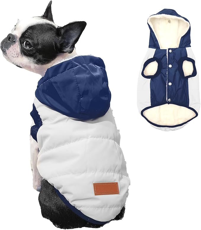 Vecomfy Fleece Lining Extra Warm Dog Hoodie in Winter,Small Dog Jacket Puppy Coats with Hooded,Beige and Blue S