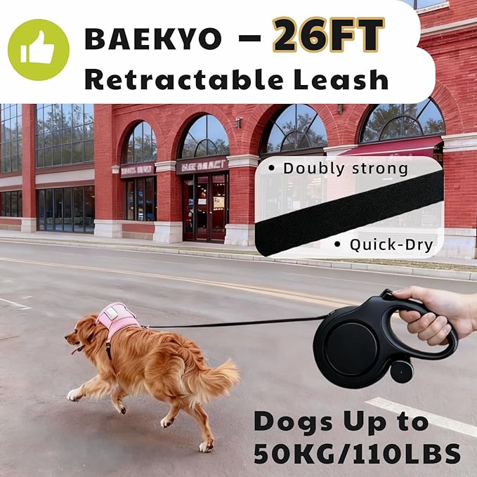 26ft Retractable Dog Leash for Large Dogs with Poop Bag Holder,Heavy Duty Retractable Dog Leash with Chew Proof Extender,One-Hand Lock System,Impact-Resistant,Up to 110 lbs (Black)