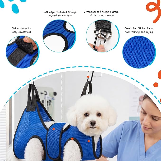 Dog Grooming Hammock Harness, Hanging Sling Restraint for Nail Clipping Small to Medium Dogs & Cats, with Nail Clipper and Comb Pet Grooming Hammock Kit-Medium