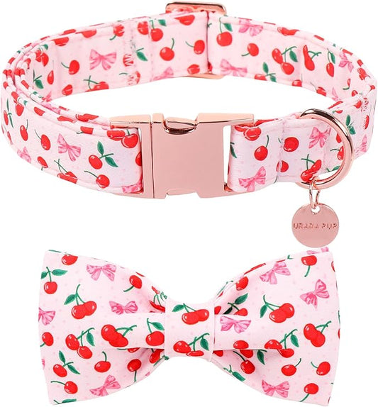 Spring and Summer Dog Collar with Bow Tie, Spring Cherry Bowtie Collar for Girl Boy Dog with Metal Buckle, Pink Bow Collar for Dogs, XL