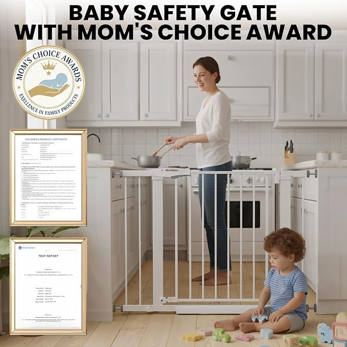 Baby Gate for Stairs, 29.7-40.6" Auto Close Dog Gate Indoor for Doorways, Dual-Lock Design, Adjustable Pet Gate No Drilling with Walk Thru Door for Hallways, Stroller Friendly, White
