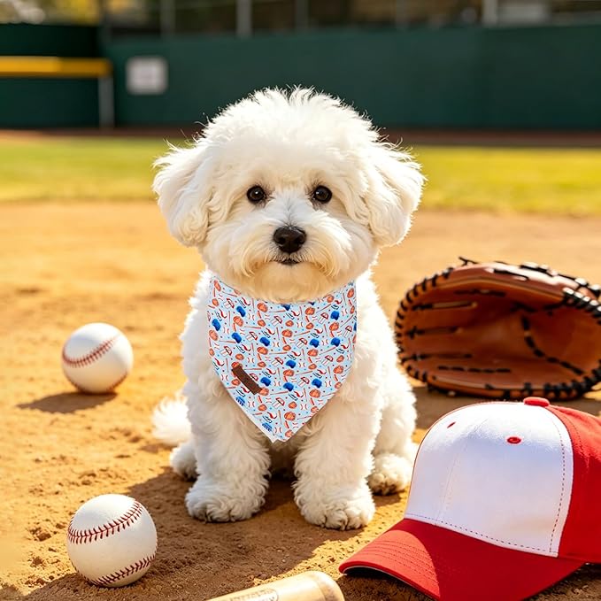 Lionet Paws Summer Blue Baseball Dog Bandana Washable Cotton Handkerchief Scarf Triangle Blue Bandana for Medium Large Dogs Girl Boy