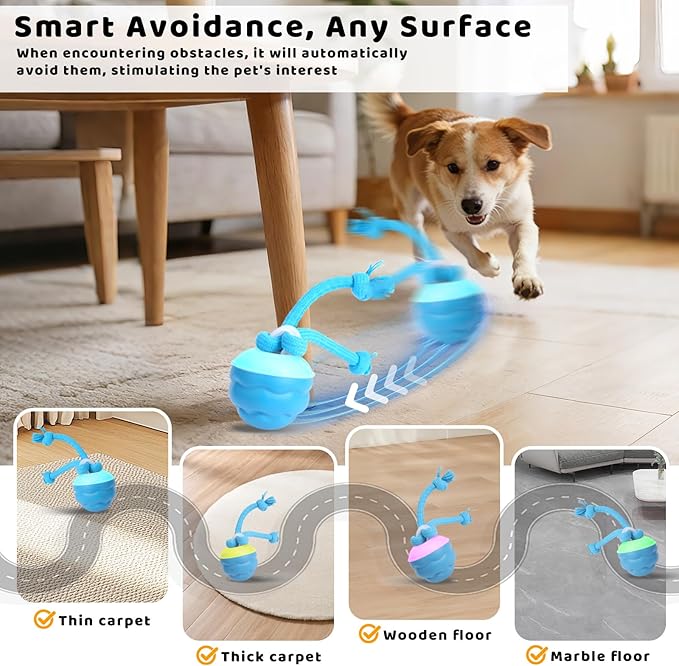 Interactive Dog Toys with Remote Control - 4 Play Modes, Obstacle Avoidance & Replaceable Chew-Resistant Rope, USB Rechargeable Automatic Moving Ball, Mental Stimulation for Small Medium Dogs or Cat