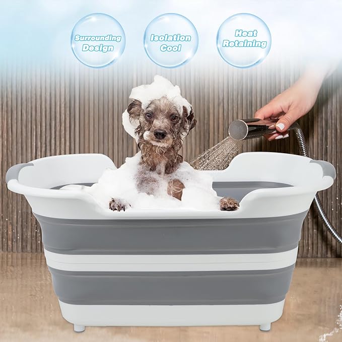 FHTONGE 7.13 Gal/27L Raised Collapsible Dog Bathtub with Drain Fur Catcher, Multifunctional Pet Washtub for Small to M Dog, Portable Puppy Tub Cat Shower Basin Laundry Basket Storage Organize Bucket