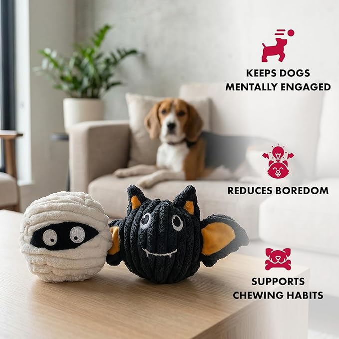PetLou Bat & Mummy Head Squeaky Ball Dog Toy, Twin Pack (4"), Halloween Dog Toys, Durable & Stuffing-Free Pet Supplies for Small & Medium Dogs