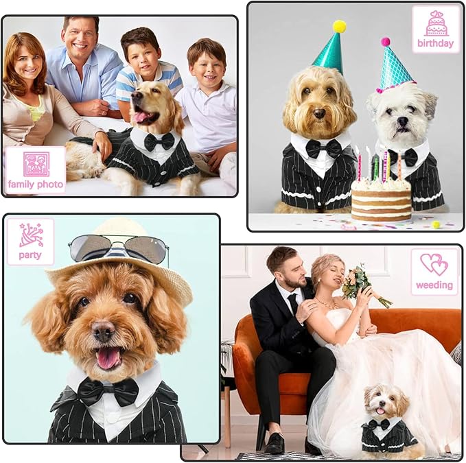 QBLEEV Dog Tuxedo Suit with Bow Tie, Formal Black & White Striped Dog Costume Outfit, Doggy Tux Prince Dress for Wedding Party Birthday Holiday, Elegant Dogs Attire for Maltese Dachshund Yorkie
