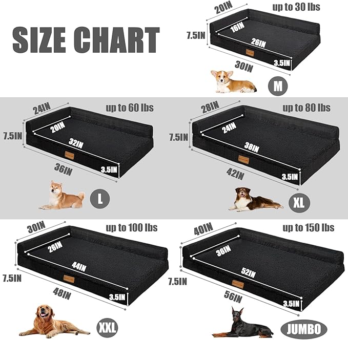 Patas Lague Orthopedic Dog Bed Medium Size Dog 30''X20'', Waterproof L Bolster Medium Pet Sofa Beds with Removable Washable Cover, Soft Comfortable Pet Couch Crate Mat with Nonskid Bottom, Black