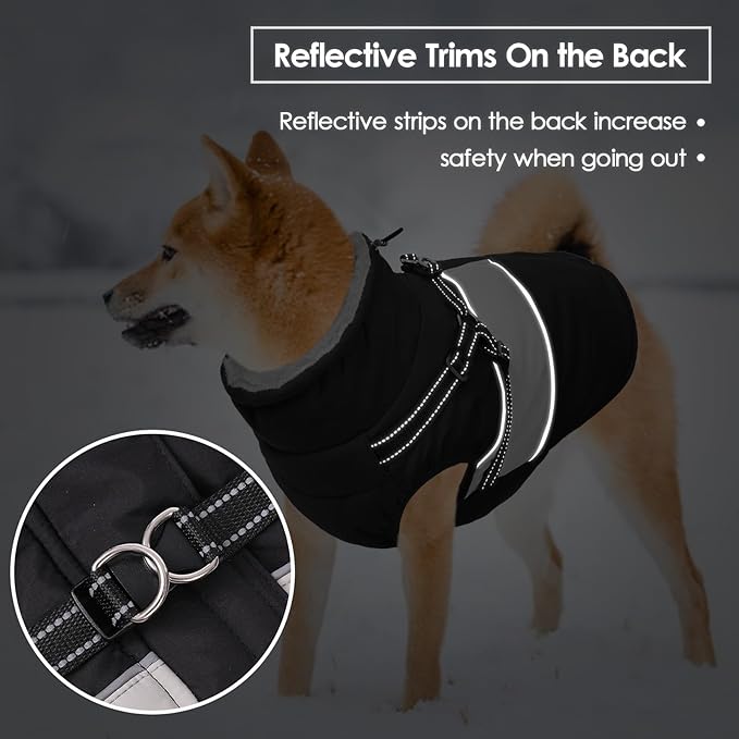 Dog Coat, XXXL Dog Jacket Winter with Harness Built in, Waterproof Pet Snow Jacket with Furry Collar for Chilly Day, Reflective Fleece Snowsuit for Extra Large Dogs, Black 3XL