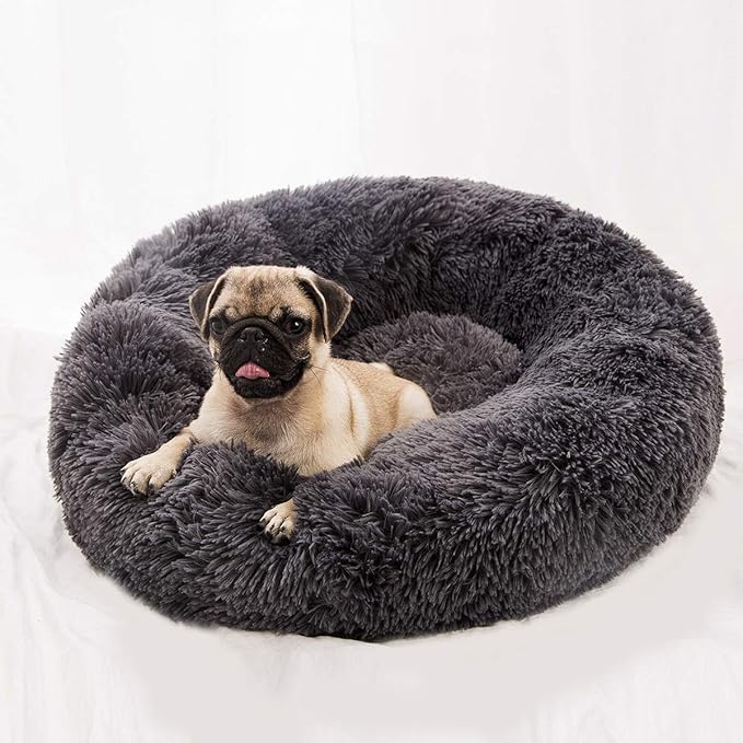 Faux Fur Dog Bed Cat Bed,Shag Round Anti-Anxiety Pet Calming Bed Doughnut Cuddler for Medium Large Puppy Dog Cat Kennel Cushion Self Warming Bed (28'' D x 8'' H, Dark Grey)