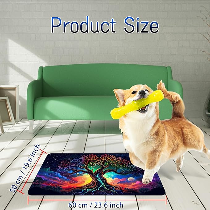 Dog Food Mat, 19.6" x 23.6" Absorbent Pet Feeding Mat for Food and Water, Waterproof Diatom Mud Pet Placemat with Non-Slip Rubber Backing, Easy Clean Cat Bowl Mat for Floors - Tree Art