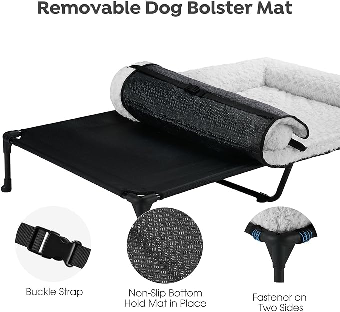 Veehoo Orthopedic Elevated Dog Bed Add Removable Deluxe Rose Plush Bolster Cushion Mat, 47" x 29" Washable Dog Couch Bed, Raised Pet Cot with Breathable Teslin Mesh, No-Slip Feet, Grey, CWC2439B